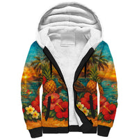 Hawaiian Turtles on Beach Sherpa Hoodie with Pineapple Tropical Plant and Lei