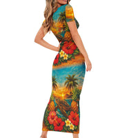 Hawaiian Turtles on Beach Short Sleeve Bodycon Dress with Pineapple Tropical Plant and Lei