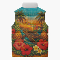 Hawaiian Turtles on Beach Sleeveless Puffer Jacket with Pineapple Tropical Plant and Lei