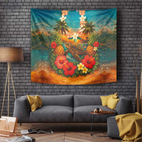 Hawaiian Turtles on Beach Tapestry with Pineapple Tropical Plant and Lei