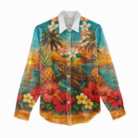 Hawaiian Turtles on Beach Women Casual Shirt with Pineapple Tropical Plant and Lei