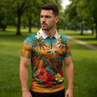 Hawaiian Turtles on Beach Zipper Polo Shirt with Pineapple Tropical Plant and Lei