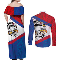 American Samoa Flag Day Couples Matching Off Shoulder Maxi Dress and Long Sleeve Button Shirt Polynesian Art Geometric with Flag Brush Style