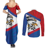 American Samoa Flag Day Couples Matching Summer Maxi Dress and Long Sleeve Button Shirt Polynesian Art Geometric with Flag Brush Style