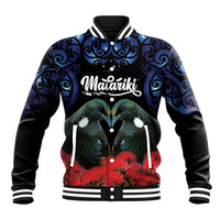 New Zealand Maori Matariki Baseball Jacket Hongi Tui Bird Pohutukawa and Polynesia Tribal LT03 Unisex Black - Polynesian Pride