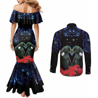 New Zealand Maori Matariki Couples Matching Mermaid Dress and Long Sleeve Button Shirt Hongi Tui Bird Pohutukawa and Polynesia Tribal LT03 - Polynesian Pride