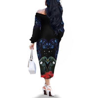 New Zealand Maori Matariki Family Matching Off The Shoulder Long Sleeve Dress and Hawaiian Shirt Hongi Tui Bird Pohutukawa and Polynesia Tribal LT03 - Polynesian Pride
