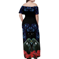 New Zealand Maori Matariki Family Matching Off Shoulder Maxi Dress and Hawaiian Shirt Hongi Tui Bird Pohutukawa and Polynesia Tribal LT03 - Polynesian Pride