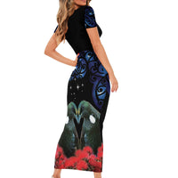 New Zealand Maori Matariki Short Sleeve Bodycon Dress Hongi Tui Bird Pohutukawa and Polynesia Tribal LT03 - Polynesian Pride