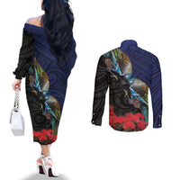 New Zealand Maori Hongi Culture Couples Matching Off The Shoulder Long Sleeve Dress and Long Sleeve Button Shirt Tui Bird Pohutukawa and Polynesian Pattern LT03 - Polynesian Pride