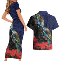 New Zealand Maori Hongi Culture Couples Matching Short Sleeve Bodycon Dress and Hawaiian Shirt Tui Bird Pohutukawa and Polynesian Pattern LT03 - Polynesian Pride
