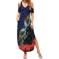 New Zealand Maori Hongi Culture Family Matching Summer Maxi Dress and Hawaiian Shirt Tui Bird Pohutukawa and Polynesian Pattern LT03 Mom's Dress Blue - Polynesian Pride