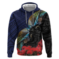 New Zealand Maori Hongi Culture Hoodie Tui Bird Pohutukawa and Polynesian Pattern LT03 Pullover Hoodie Blue - Polynesian Pride