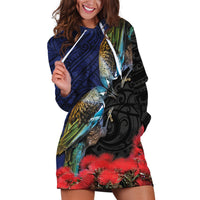 New Zealand Maori Hongi Culture Hoodie Dress Tui Bird Pohutukawa and Polynesian Pattern LT03 Blue - Polynesian Pride