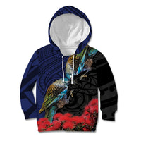 New Zealand Maori Hongi Culture Kid Hoodie Tui Bird Pohutukawa and Polynesian Pattern LT03 Hoodie Blue - Polynesian Pride
