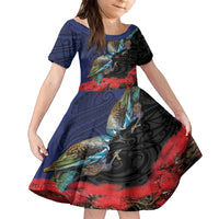 New Zealand Maori Hongi Culture Kid Short Sleeve Dress Tui Bird Pohutukawa and Polynesian Pattern LT03 KID Blue - Polynesian Pride