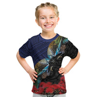 New Zealand Maori Hongi Culture Kid T Shirt Tui Bird Pohutukawa and Polynesian Pattern LT03 Blue - Polynesian Pride