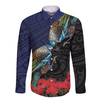New Zealand Maori Hongi Culture Long Sleeve Button Shirt Tui Bird Pohutukawa and Polynesian Pattern LT03 Unisex Blue - Polynesian Pride