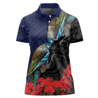New Zealand Maori Hongi Culture Women Polo Shirt Tui Bird Pohutukawa and Polynesian Pattern LT03 Female Blue - Polynesian Pride