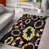 Hawaiian Kakau Tattoo Leis and Palaka Pattern Area Rug Traditional Aloha Tribal Black Color