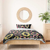 Hawaiian Kakau Tattoo Leis and Palaka Pattern Bedding Set Traditional Aloha Tribal Black Color
