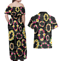 Hawaiian Kakau Tattoo Leis and Palaka Pattern Couples Matching Off Shoulder Maxi Dress and Hawaiian Shirt Traditional Aloha Tribal Black Color LT03 - Polynesian Pride