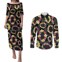 Hawaiian Kakau Tattoo Leis and Palaka Pattern Couples Matching Puletasi and Long Sleeve Button Shirt Traditional Aloha Tribal Black Color LT03 Black - Polynesian Pride