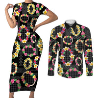 Hawaiian Kakau Tattoo Leis and Palaka Pattern Couples Matching Short Sleeve Bodycon Dress and Long Sleeve Button Shirt Traditional Aloha Tribal Black Color LT03 Black - Polynesian Pride