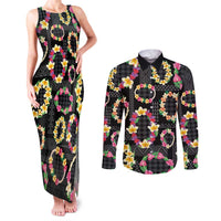 Hawaiian Kakau Tattoo Leis and Palaka Pattern Couples Matching Tank Maxi Dress and Long Sleeve Button Shirt Traditional Aloha Tribal Black Color LT03 Black - Polynesian Pride