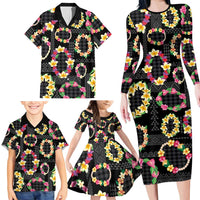 Hawaiian Kakau Tattoo Leis and Palaka Pattern Family Matching Long Sleeve Bodycon Dress and Hawaiian Shirt Traditional Aloha Tribal Black Color LT03 - Polynesian Pride