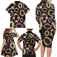 Hawaiian Kakau Tattoo Leis and Palaka Pattern Family Matching Long Sleeve Bodycon Dress and Hawaiian Shirt Traditional Aloha Tribal Black Color LT03 - Polynesian Pride