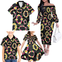Hawaiian Kakau Tattoo Leis and Palaka Pattern Family Matching Off The Shoulder Long Sleeve Dress and Hawaiian Shirt Traditional Aloha Tribal Black Color LT03 - Polynesian Pride