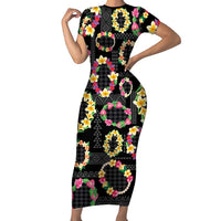 Hawaiian Kakau Tattoo Leis and Palaka Pattern Family Matching Short Sleeve Bodycon Dress and Hawaiian Shirt Traditional Aloha Tribal Black Color LT03 Mom's Dress Black - Polynesian Pride