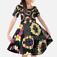 Hawaiian Kakau Tattoo Leis and Palaka Pattern Family Matching Tank Maxi Dress and Hawaiian Shirt Traditional Aloha Tribal Black Color LT03 Daughter's Dress Black - Polynesian Pride