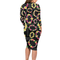 Hawaiian Kakau Tattoo Leis and Palaka Pattern Long Sleeve Bodycon Dress Traditional Aloha Tribal Black Color LT03 - Polynesian Pride