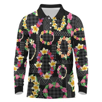 Hawaiian Kakau Tattoo Leis and Palaka Pattern Long Sleeve Polo Shirt Traditional Aloha Tribal Black Color LT03 Black - Polynesian Pride