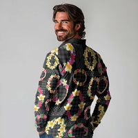 Hawaiian Kakau Tattoo Leis and Palaka Pattern Long Sleeve Polo Shirt Traditional Aloha Tribal Black Color LT03 - Polynesian Pride