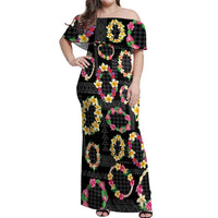 Hawaiian Kakau Tattoo Leis and Palaka Pattern Off Shoulder Maxi Dress Traditional Aloha Tribal Black Color LT03 Women Black - Polynesian Pride