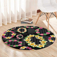 Hawaiian Kakau Tattoo Leis and Palaka Pattern Round Carpet Traditional Aloha Tribal Black Color