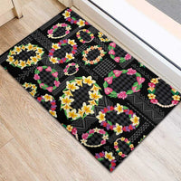 Hawaiian Kakau Tattoo Leis and Palaka Pattern Rubber Doormat Traditional Aloha Tribal Black Color