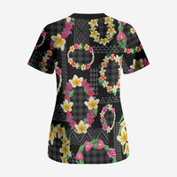 Hawaiian Kakau Tattoo Leis and Palaka Pattern Scrub Top Traditional Aloha Tribal Black Color
