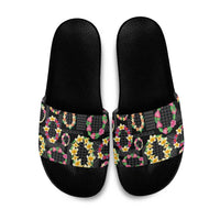 Hawaiian Kakau Tattoo Leis and Palaka Pattern Slide Sandals Traditional Aloha Tribal Black Color