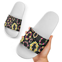 Hawaiian Kakau Tattoo Leis and Palaka Pattern Slide Sandals Traditional Aloha Tribal Black Color