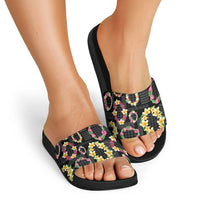Hawaiian Kakau Tattoo Leis and Palaka Pattern Slide Sandals Traditional Aloha Tribal Black Color
