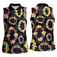 Hawaiian Kakau Tattoo Leis and Palaka Pattern Women Sleeveless Polo Shirt Traditional Aloha Tribal Black Color LT03 - Polynesian Pride