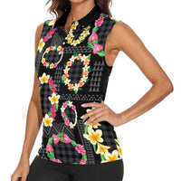 Hawaiian Kakau Tattoo Leis and Palaka Pattern Women Sleeveless Polo Shirt Traditional Aloha Tribal Black Color LT03 - Polynesian Pride