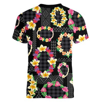Hawaiian Kakau Tattoo Leis and Palaka Pattern Women V-Neck T-Shirt Traditional Aloha Tribal Black Color LT03 - Polynesian Pride