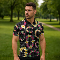 Hawaiian Kakau Tattoo Leis and Palaka Pattern Zipper Polo Shirt Traditional Aloha Tribal Black Color LT03 - Polynesian Pride