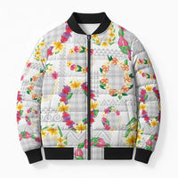 Hawaiian Kakau Tattoo Leis and Palaka Pattern Bomber Puffer Jacket Traditional Aloha Tribal White Color
