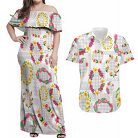 Hawaiian Kakau Tattoo Leis and Palaka Pattern Couples Matching Off Shoulder Maxi Dress and Hawaiian Shirt Traditional Aloha Tribal White Color LT03 White - Polynesian Pride
